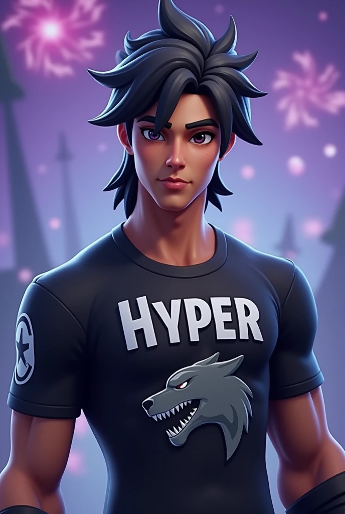 Fortnite Background with Male Fortnite Figure, Bblack hair, masculine face, with Hyper written on the shirt and a symbol of an animal bite on the shirt