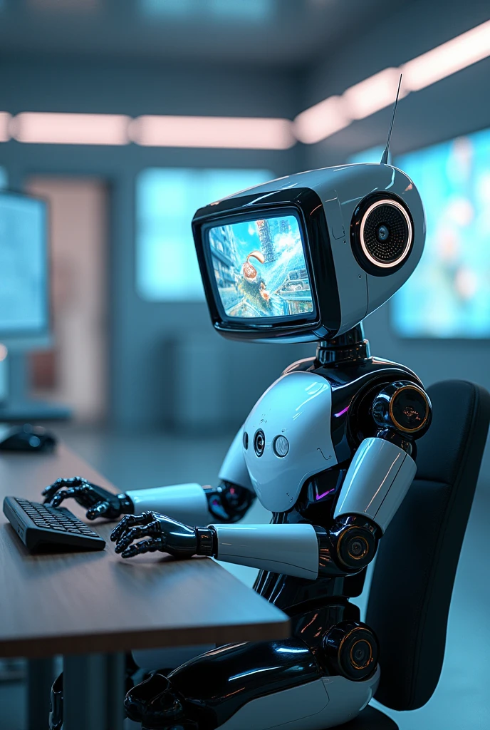 Robot with TV head saying GTV playing video game