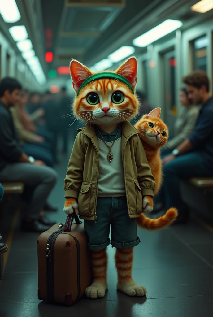 "An ultra-realistic anthropomorphic cat, shorts, a green headband, his suitcase in his hand, a train door and the cat on his back, a lot of people around, night and low lights, lights, neon, 4k resolution.