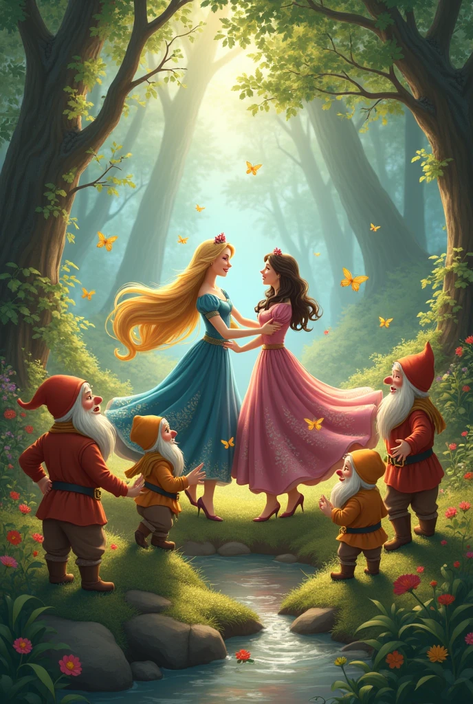 I saw an image of Rapunzel, Snow White and the seven dwarfs having fun and playing in a forest