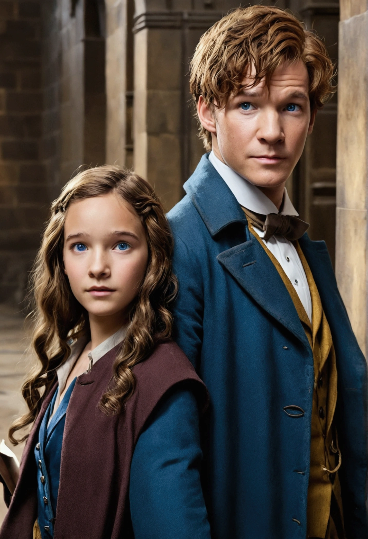 Newt scamander next to a girl with wavy dark brown hair and blue eyes. Make it look like a book cover