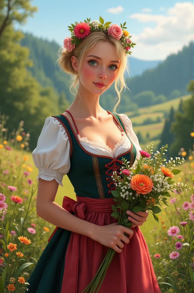A German woman in traditional costume standing with flowers in her hands