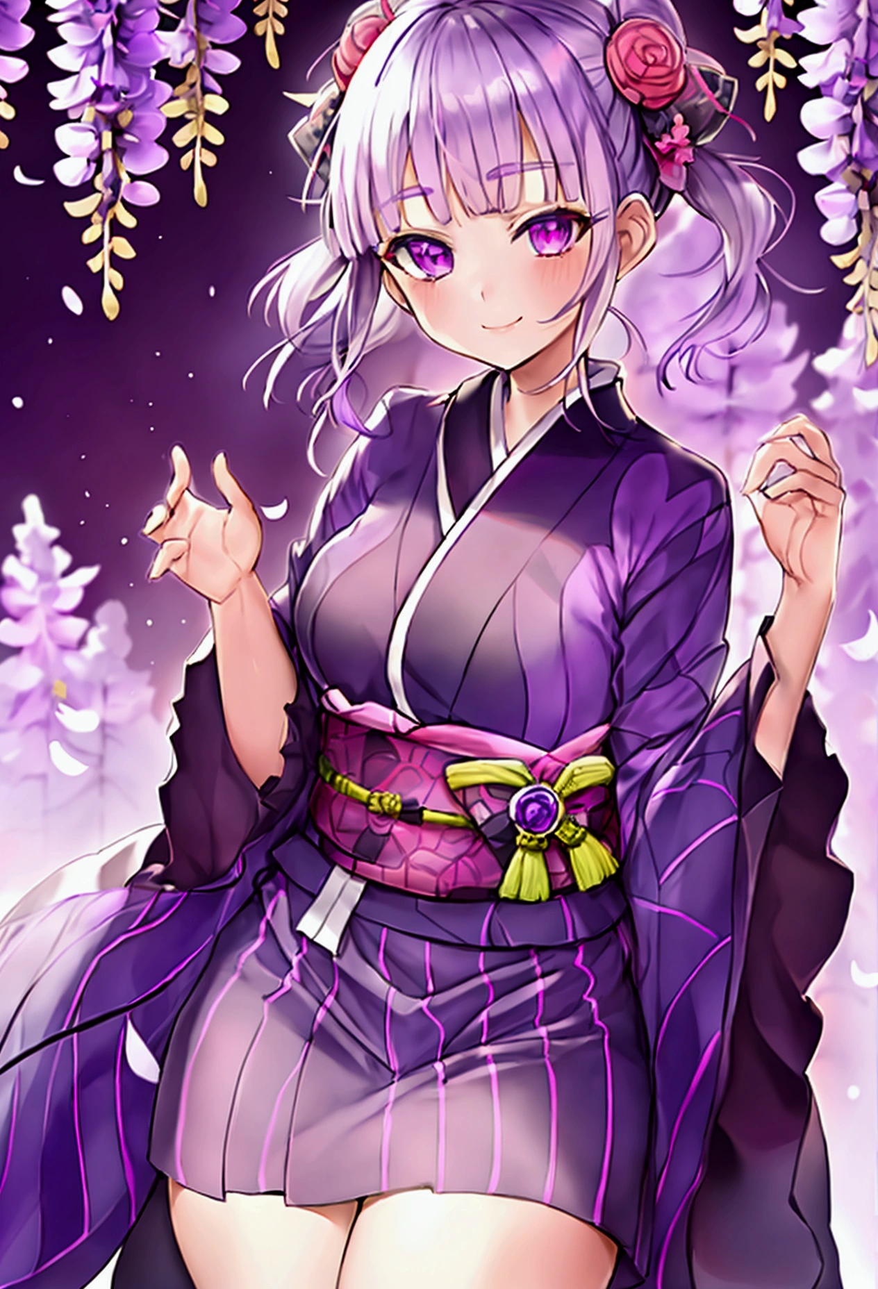 Kimetsu no Yaiba style, beautiful girl, dark purple kimono, short straight hair, pale white hair, thick bangs, straight hair, wisteria flower hair ornament, wisteria flower on the right side of her hair, wide eyes, thick eyelashes, purple eyes, Kanata Oboyashiki, smiling, white skin, beautiful,