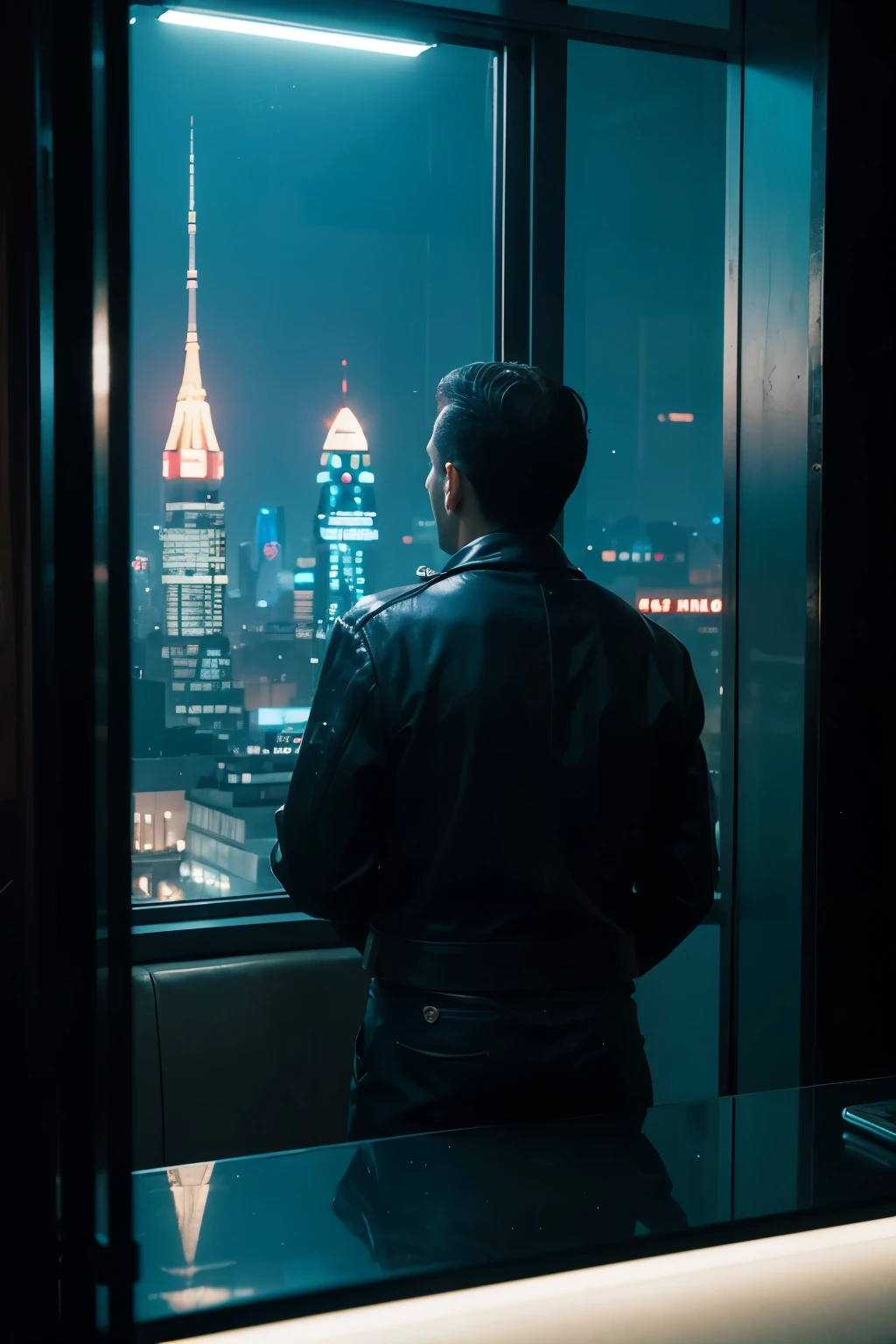 4k image from a 1960s science fiction film by Wes Anderson, Filme O Grande Hotel Budapeste, city with a blue colors vibrant at night through a window, big city retro futuristic neon, blade runner style, Retro-futuristic from the 60s with old robots, Luz Natural, Psicodelia, futurista estranho, retro-futurista, photo-realistic, blurred background, solitude, a misterious man looking in the glass reflection with his back inside an room with a view of a skyscraper, leather armchairs, the protagonist is seen from behind while he watches the story of himself unfold in front of him