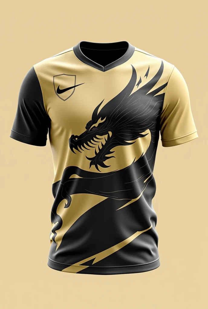 A shirt for an Interclass team uniform in beige and black and with a dragon on the beige clothing as the main color and with a shield and the Nike symbol with a smaller dragon swirling on the clothing 