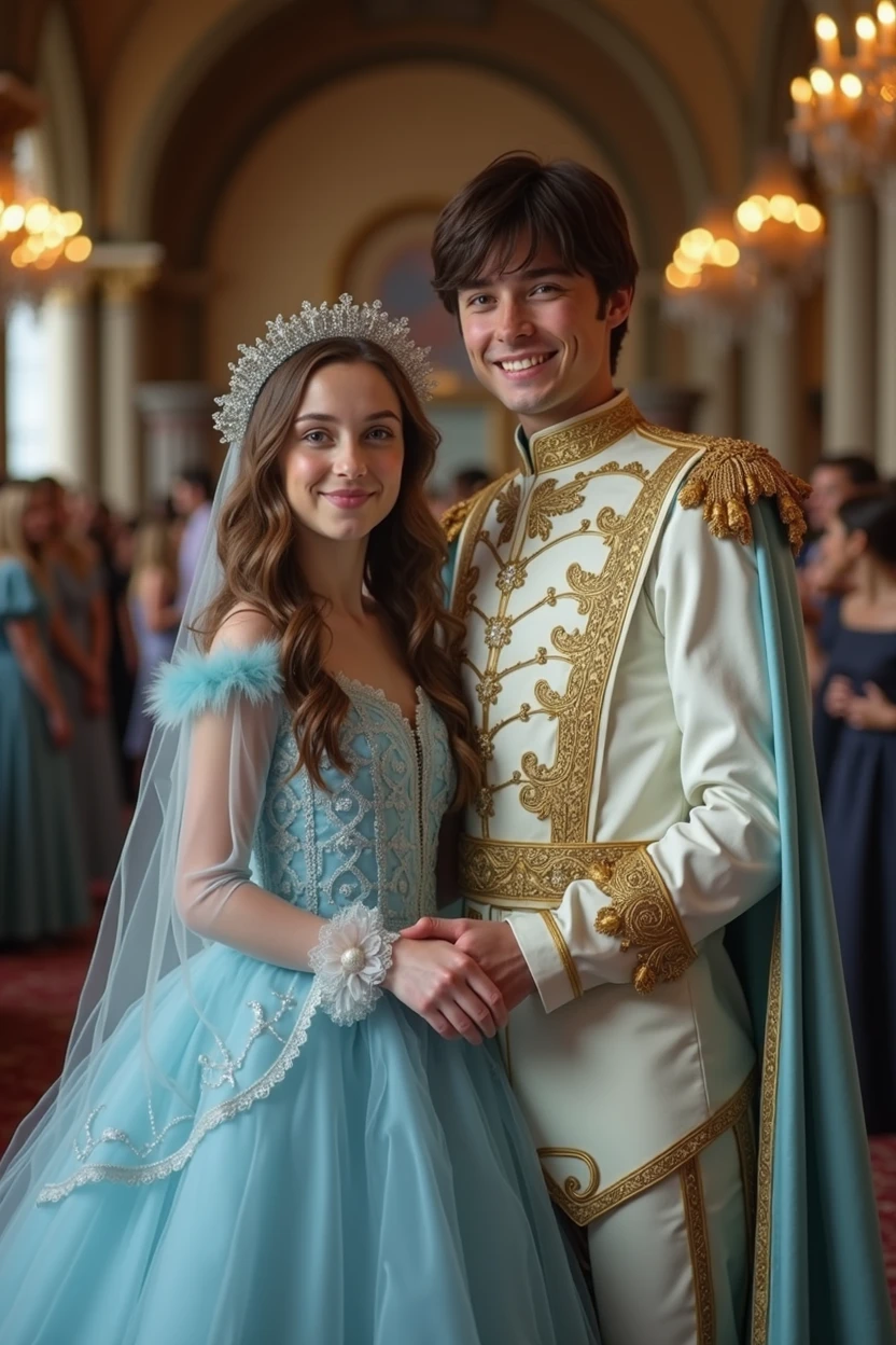 15 year old girl with a 15 year old dress, the dress is long and voluminous, it is light blue with long mesh sleeves and blue eyes and brown hair, she will be in a large room with many guests and her boyfriend who will be dressed as a prince and will be holding the girl&#39;s hand, he will have brown hair and green eyes, he will be smiling just like the girl, there will be good lighting, a realistic image