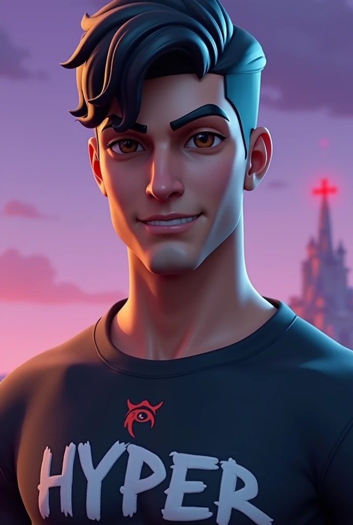 Fortnite Background with Male Fortnite Figure, Bblack hair, masculine face, with Hyper written on the shirt and a symbol of an animal bite on the shirt