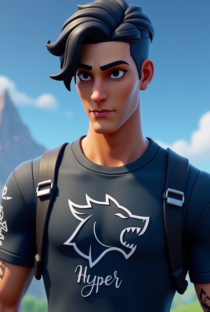 Fortnite Background with Male Fortnite Figure, Bblack hair, masculine face, with Hyper written on the shirt and a symbol of an animal bite on the shirt