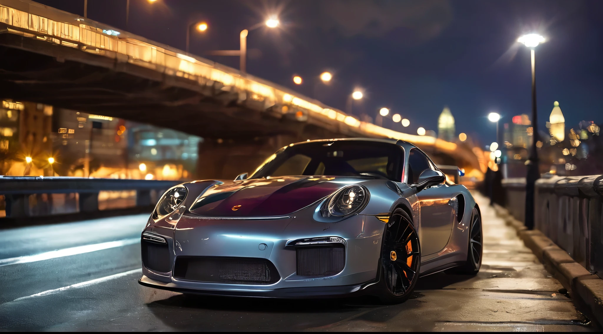 Porsche GT3 RS, slate gray, parked beneath a city bridge at sunset, bridge lights casting kaleidoscopic hues, car gleaming, reflecting the myriad of colors, shot with a Canon mirrorless camera at 200mm focal length, focus on the sleek curves of the automobile, background blurred into a bokeh of urban twilight, high-quality photo, glossy finish, cinem