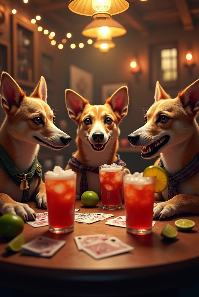 Dogs drinking beer, Colombian Micheladas on a table, playing and at poker, bar background and lots of lights