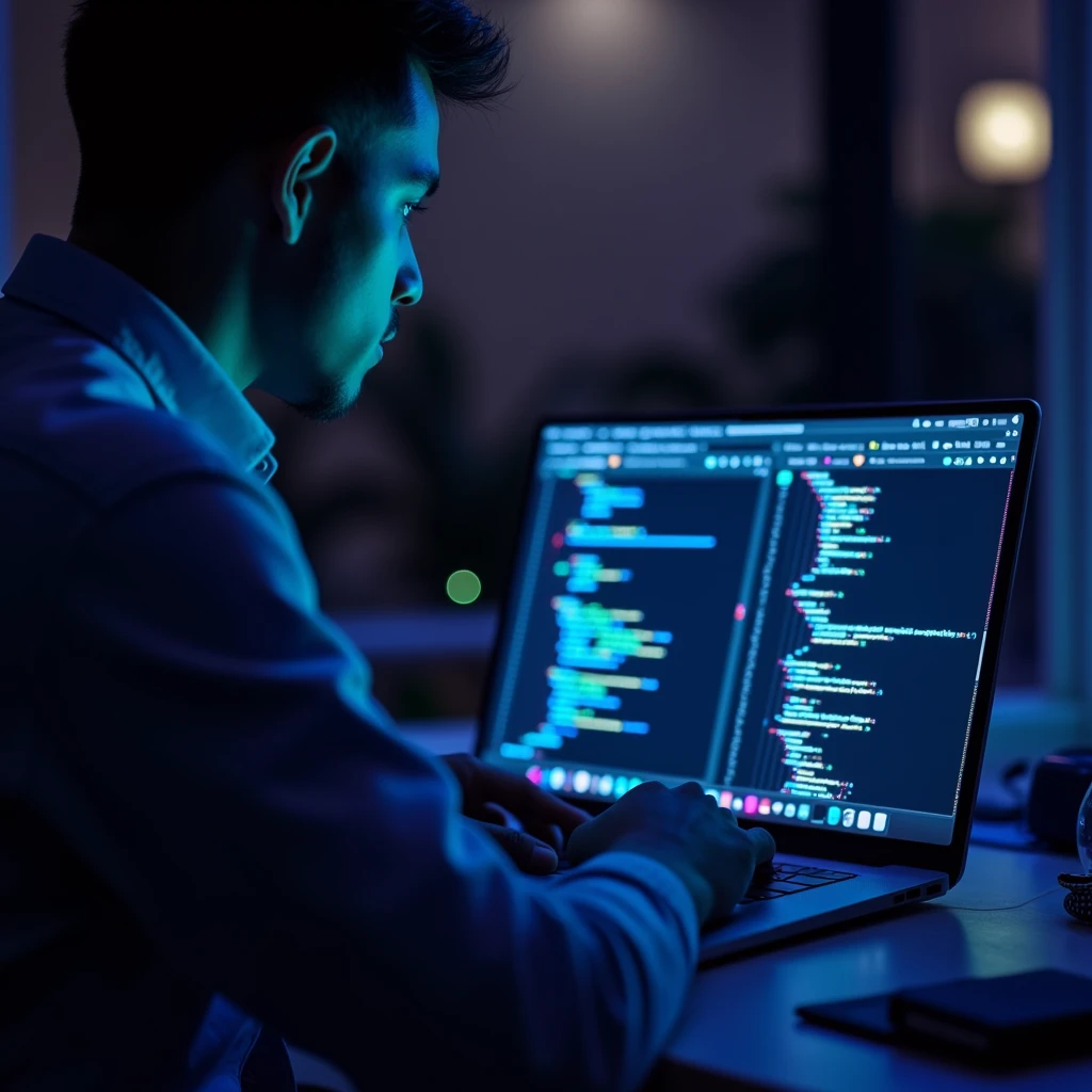 Create an image that fits a modern, sleek website design, featuring a person working on a laptop. The person should be in a minimalistic, well-lit environment, with a clear focus on the laptop screen, which displays a web interface with code, design elements, or a modern website layout. The color palette of the image should match the dark background and vibrant highlights of the website. Include subtle neon or blue lighting that reflects off the laptop screen, adding a tech-savvy, futuristic feel to the scene. The overall atmosphere should convey professionalism in web development and design, aligning with the theme of digital innovation and front-end development.