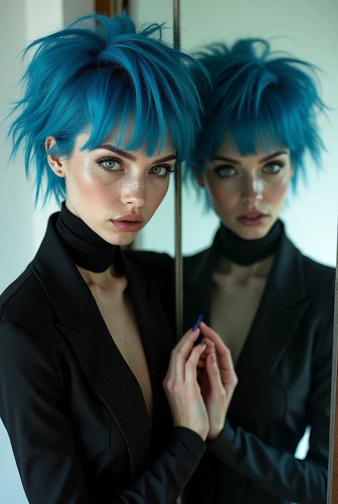 create a realistic looking image of a real person of a beautiful woman with big blue hair and green eyes and freckles, taking pictures in the mirror wearing black clothes