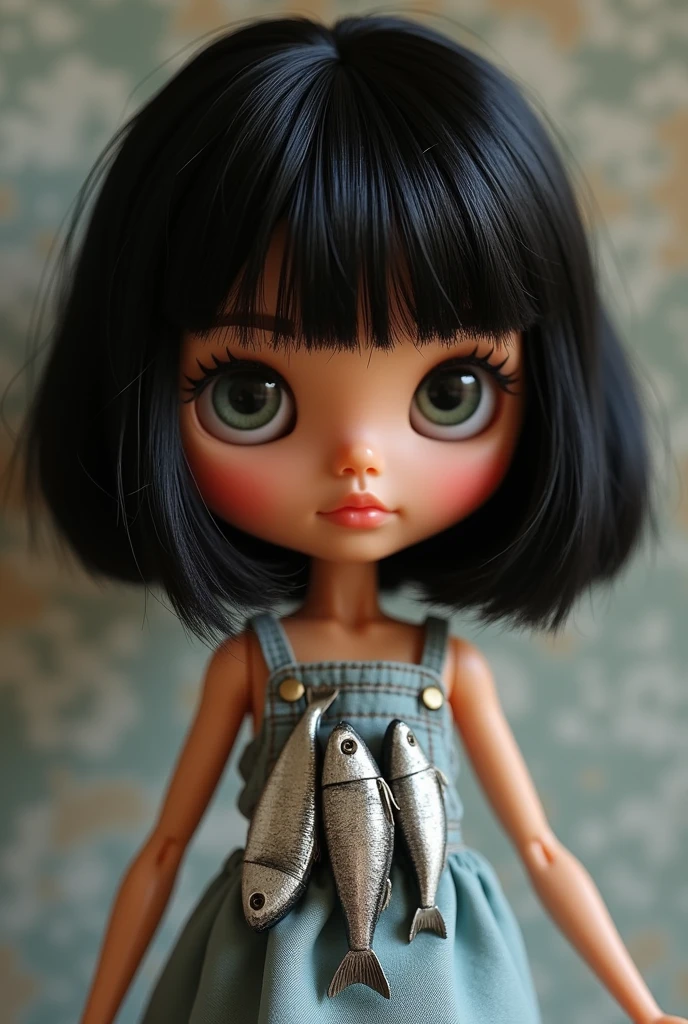blythe doll with short black hair, several sardines and brown skin