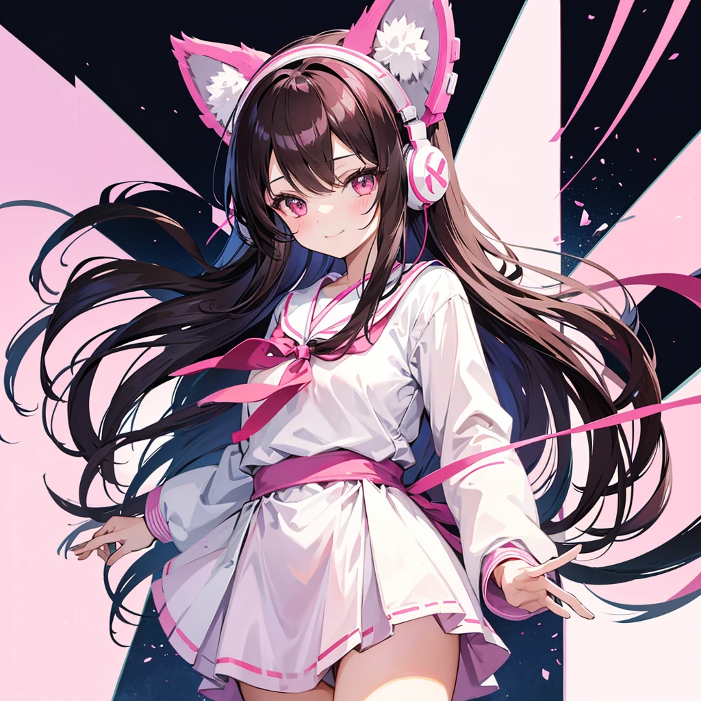 Anime girl, with pink eyes, brunette, standing in school pink japanese clothes, long hair, White background, wearing cat ear headphones, winked, smiling