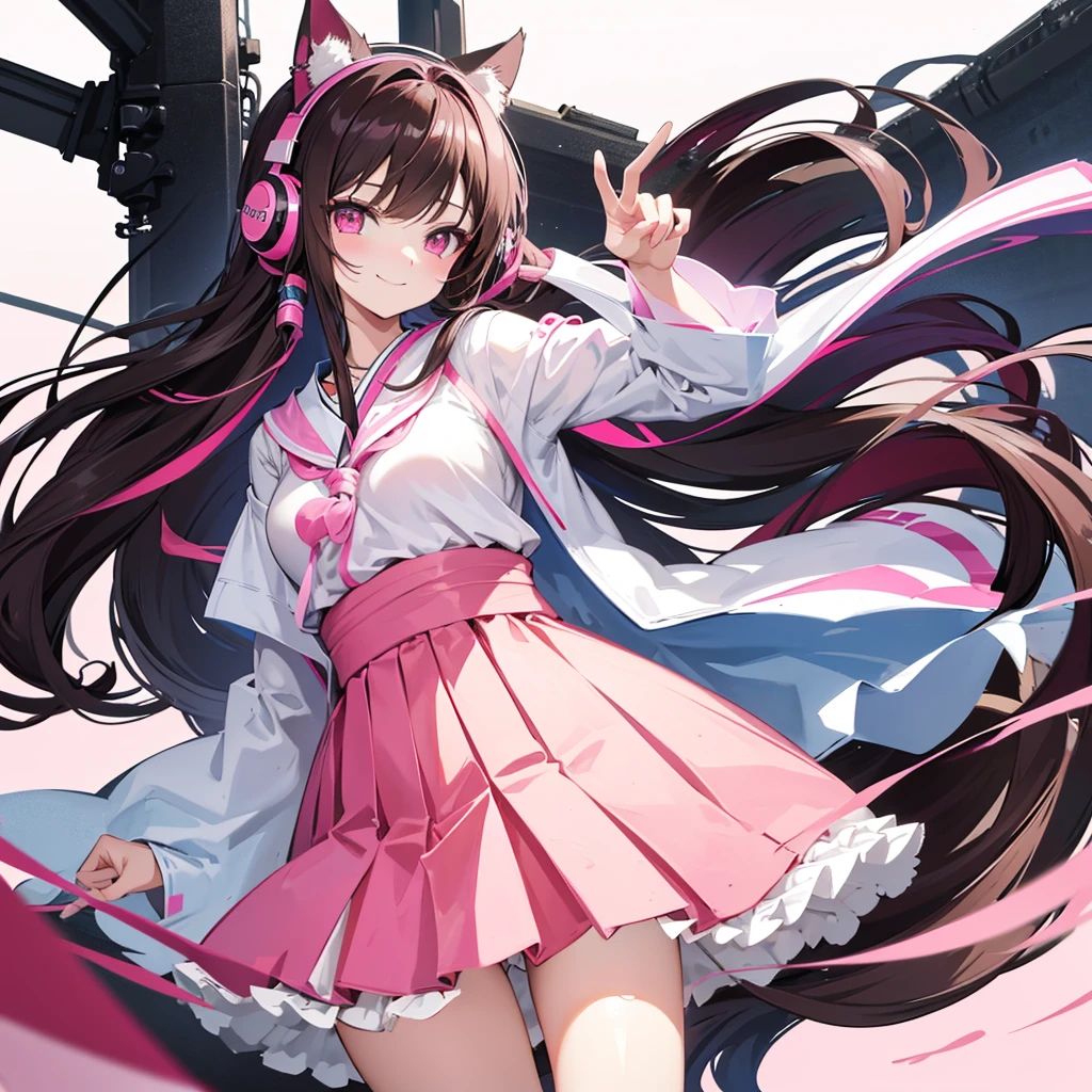 Anime girl, with pink eyes, brunette, standing in school pink japanese clothes, long hair, White background, wearing cat ear headphones, winked, smiling