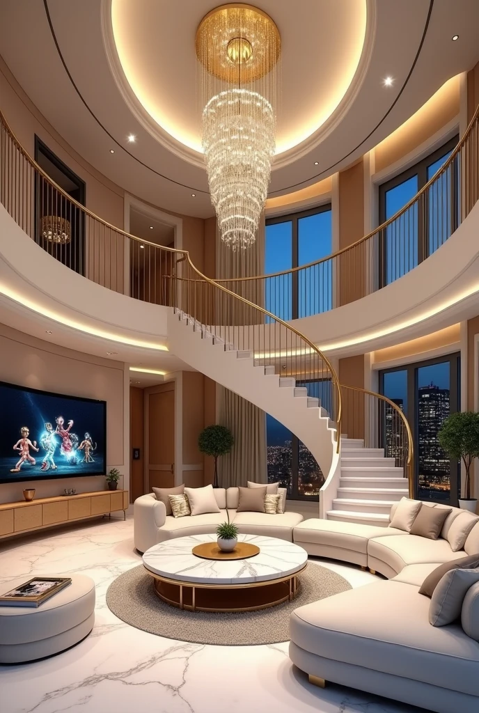 A luxurious, two-story modern living room with an elegant, spiral staircase featuring gold railings. The room is bathed in warm, ambient lighting from a large, ornate chandelier hanging from the ceiling. The space has large, floor-to-ceiling windows with a nighttime view outside. The interior is furnished with plush, white sofas arranged around a round, marble coffee table. The flooring is a glossy white marble, and the walls and ceiling are painted in soft, neutral tones. There is a large flat-screen TV on the wall with animated characters displayed on the screen. The room exudes opulence and sophistication with a modern, luxurious design.
