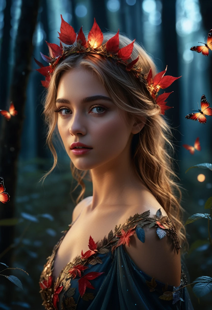 A dynamic knee-up pose of a beautiful 20-year-old girl with messy dark blonde hair, set in a mystical fantasy landscape. She walks in a forest almost at night, lit by moonlight, surrounded by an enchanting atmosphere. The woman has striking, detailed eyes and lips, with long eyelashes. She wears a crown of red leaves and a dress made of leaves and wildflowers, with fireflies, butterflies and birds flying around her. The image is photorealistic and hyper-detailed, with intricate details, dramatic lighting, and a high-resolution, cinematic composition.
