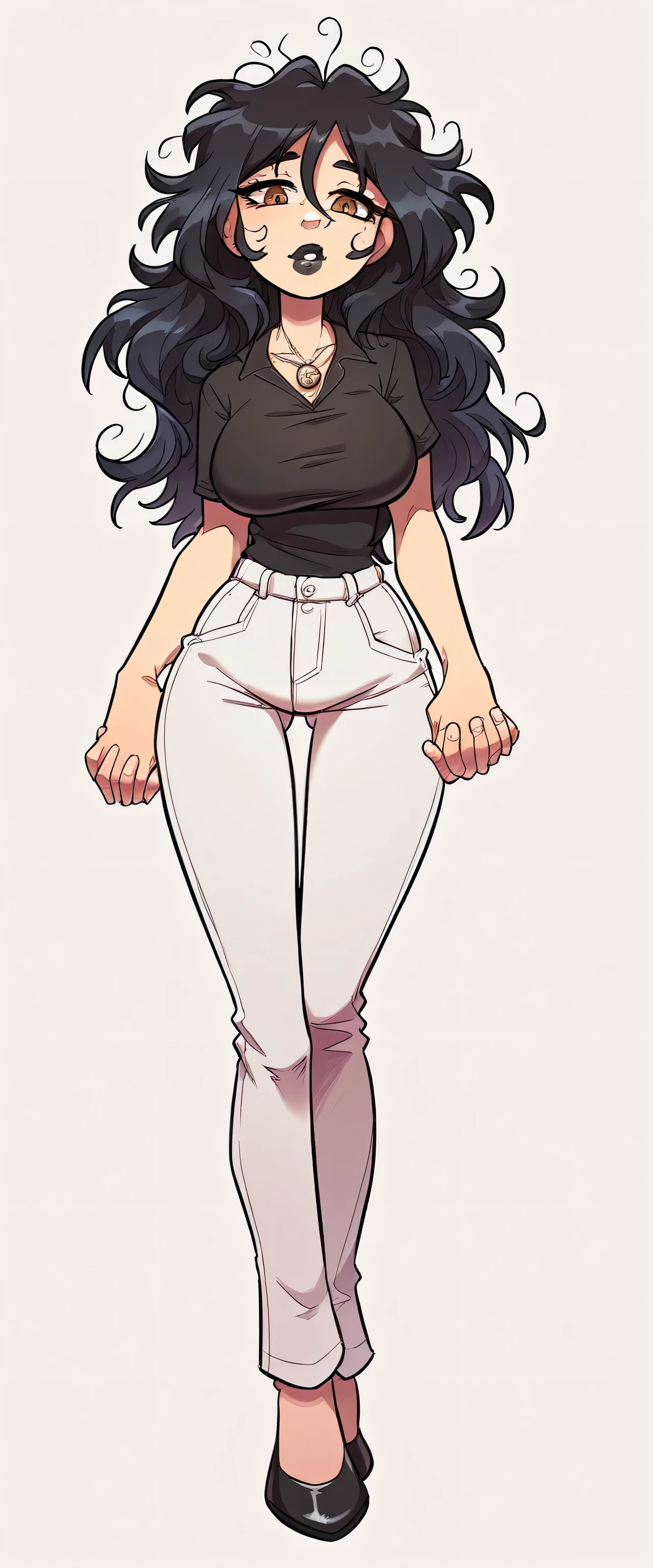  A tall girl with large breasts, beautiful, pretty, sexy, with wavy black hair, messy hair, brown eyes, black lips, wearing a black button-down shirt and tight white pants, big, sensual thighs, black heels, hand holding a compass and pliers.