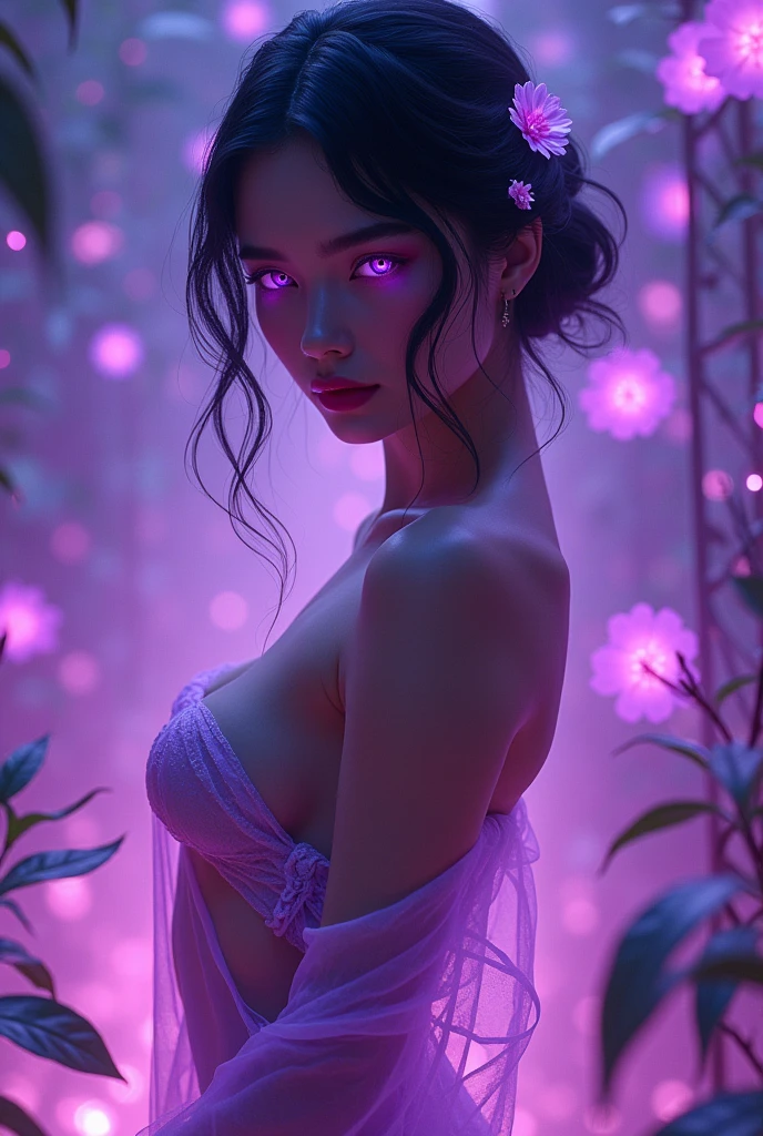 "A stunning, otherworldly woman with radiant amethyst purple features, her naked form sensuously adorned with delicate, semi-transparent veils that barely cover her. Her eyes and hair shimmer with an alluring amethyst glow, seamlessly blending with the ambient surroundings. The scene is set in a mystical digital forest, where holographic foliage and flowers pulse with a soft, mesmerizing purple light. Her skin, subtly iridescent, reflects the amethyst glow in captivating patterns that emphasize her every curve. As she moves with graceful fluidity among the glowing flora, her expression is irresistibly enchanting, embodying the essence of a cybernetic siren in a rich, neon-lit paradise."