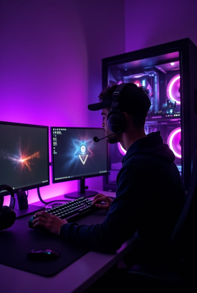 pc gamer, 2 black monitors, gaming keyboard, 1 mouse, headphones, gabinete gamer.
rgb violet.