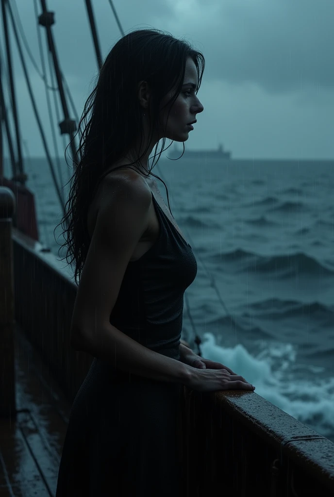 A sad woman watches the sea from a ship as the rain falls on a dark night