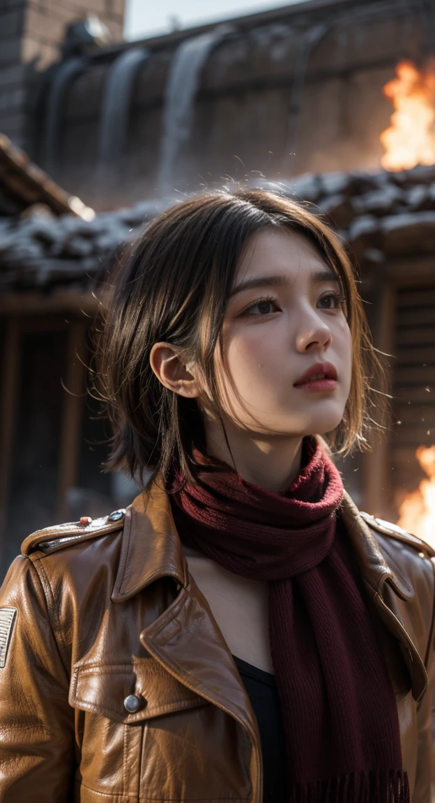 (masterpiece), (Ultra-realistic), Attack on Titan, Half Body Shot, Mikasa Ackerman, Are crying, sorrow, tears, She has a maroon scarf around her neck, Bloodstains on face and clothes, Dynamic Lighting, Dramatic Fire Background