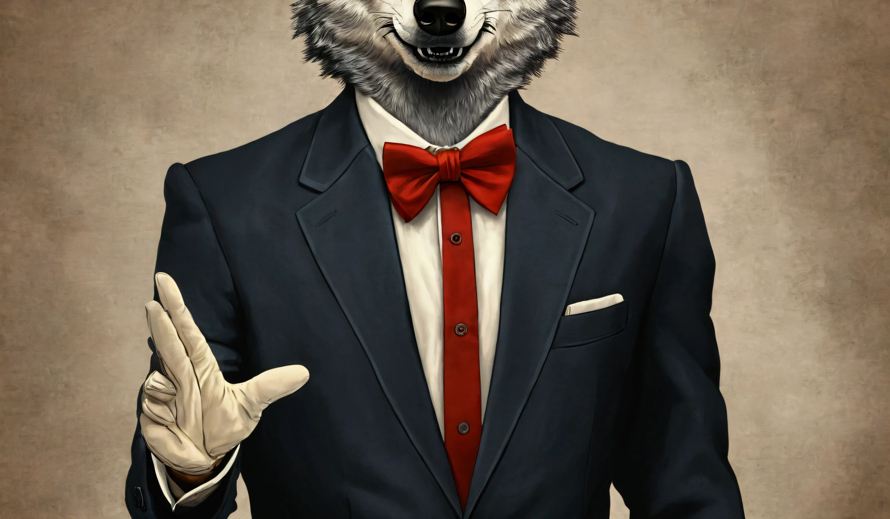 Wolf in a suit and bow tie shaking hands with an executive with the words 'Alpha Investidor' in the background, Digital illustration, Realistic, Detailed, vintage, Office lighting