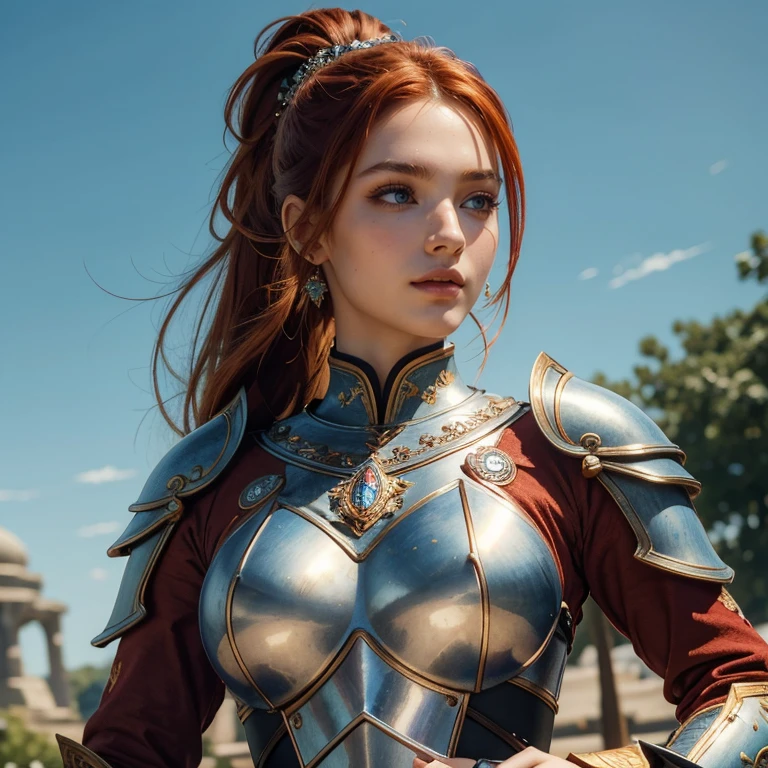 (masterpiece, best quality:1.5), highest quality, High resolution, super detailed, Realists, Upper body photo of a red-haired warrior , detailed and beautiful eyes, beautiful detailed lips, very detailed eyes and face, longeyelashes, Warrior in noble armor made of reflective metal, Noble details on the armor. Beautiful and colorful makeup, ponytail hairstyle, Gardens as background, bright daylight, bright colors, fine brushstrokes, Portrait style, beautiful color palette, glowing skin, First-class rendering, that captures every detail, enchanting atmosphere, (perfect anatomy:1.2), (The stunning warrior holds a richly decorated sword in her hand. (magnificent panorama view:1.2)