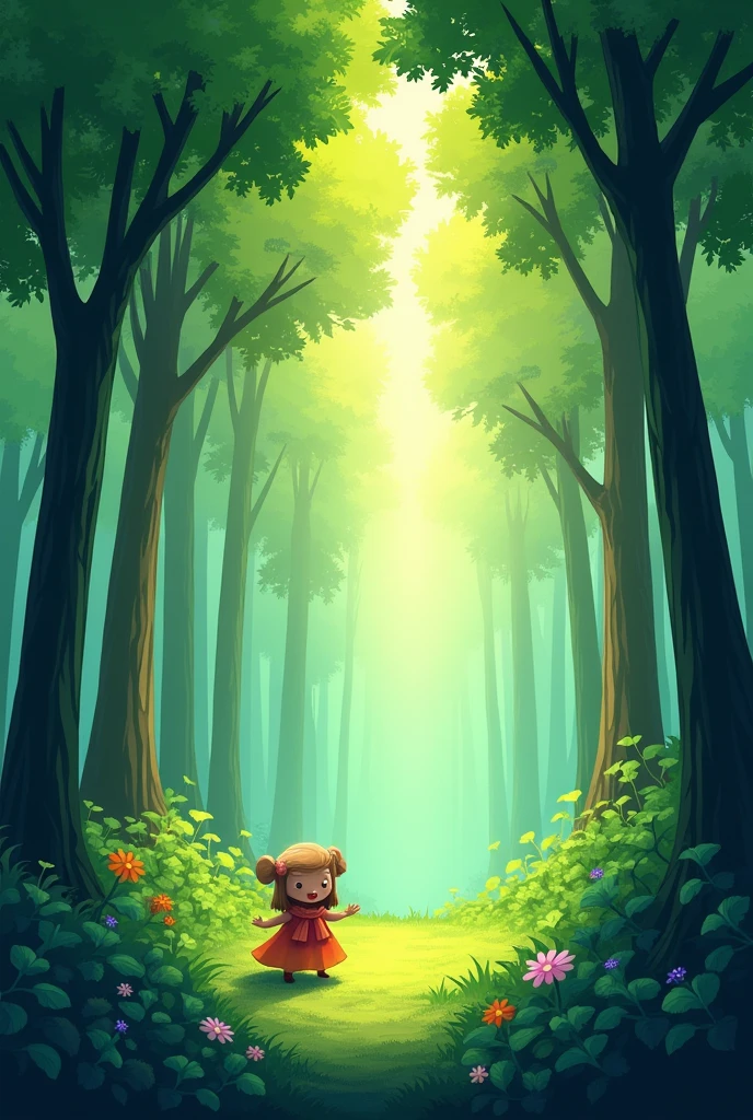 A lush forest with tall trees, shiny leaves and sun rays between the cartoon branches