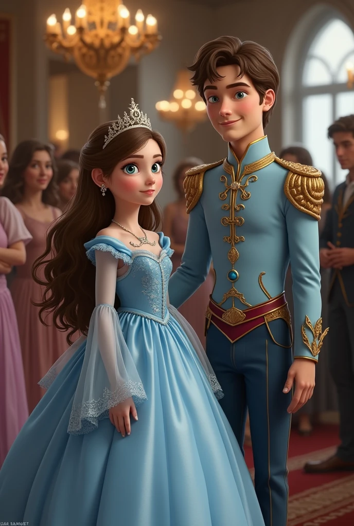 15 year old girl with a 15 year old dress, the dress is long and voluminous, it is light blue with long mesh sleeves and blue eyes and brown hair, she will be in a large room with many guests and her boyfriend who will be dressed as a prince and will be holding the girl&#39;s hand, he will have brown hair and green eyes, he will be smiling just like the girl, there will be good lighting, a realistic image