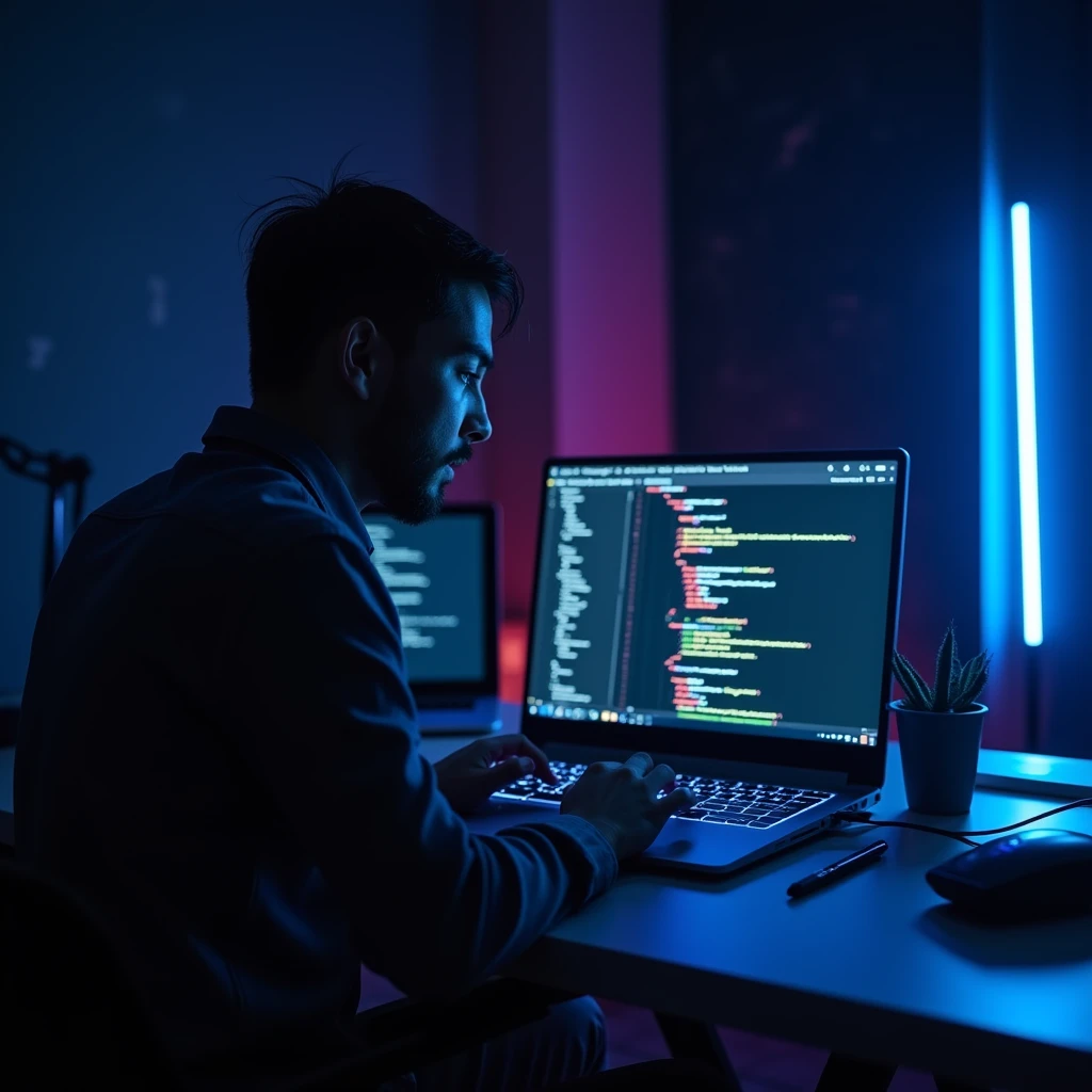 Create an image that fits a modern, sleek website design, featuring a person working on a laptop. The person should be in a minimalistic, well-lit environment, with a clear focus on the laptop screen, which displays a web interface with code, design elements, or a modern website layout. The color palette of the image should match the dark background and vibrant highlights of the website. Include subtle neon or blue lighting that reflects off the laptop screen, adding a tech-savvy, futuristic feel to the scene. The overall atmosphere should convey professionalism in web development and design, aligning with the theme of digital innovation and front-end development.