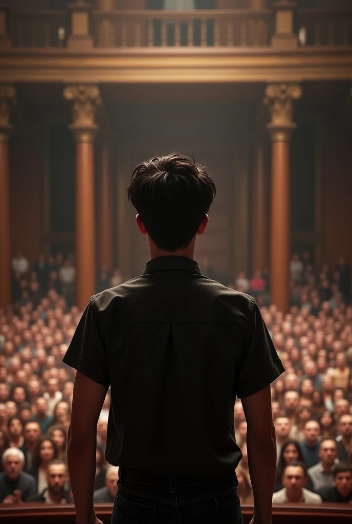 dark-haired age boy, 19 years old, giving an oratorical presentation to an audience of many people