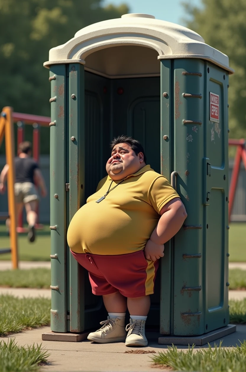 Fat Albert clutching his crotch,waiting in the porta potty, a rear view of Jack Black peeing, park, playground