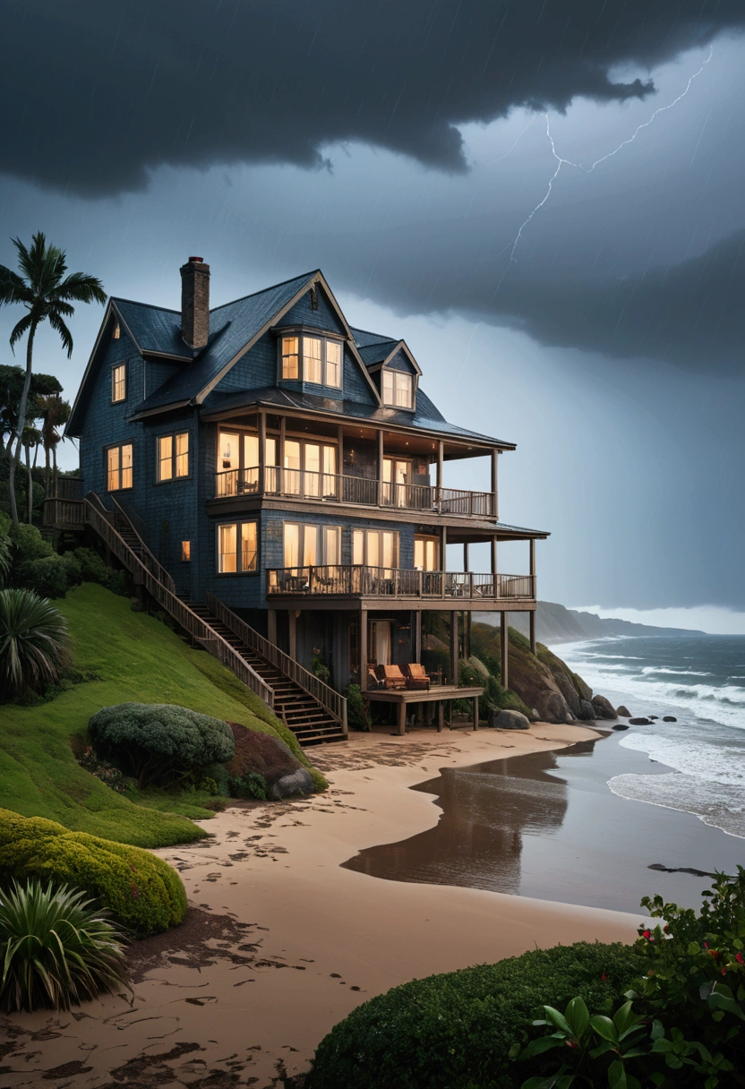 Photo of a beach house in a rainy landscape