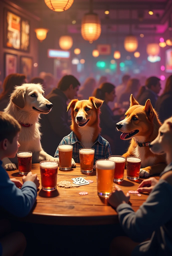 Various types of dogs and cats drinking beer, Colombian Micheladas on a table, playing and at poker, bar background and lots of lights