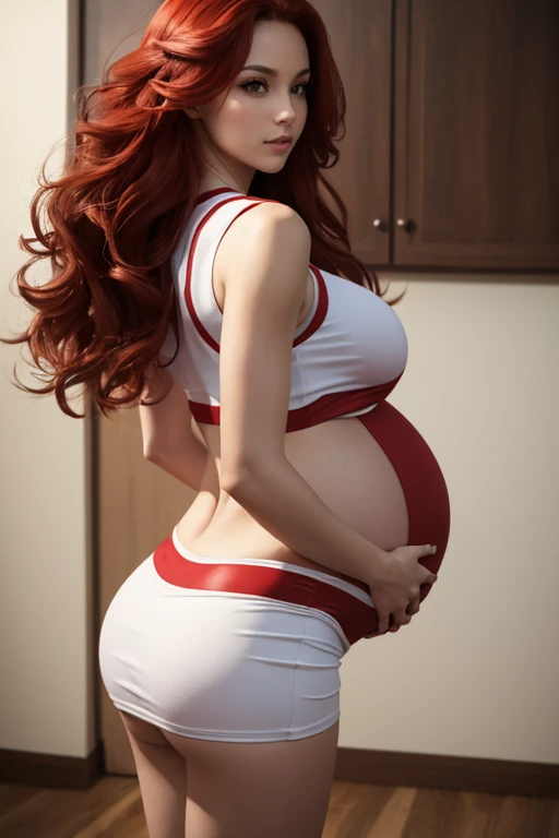 8k, masterpiece, very realistic, Full body Sexy pregnant cheerleader, very slim waist, slim thighs, red cheerleader dress, white cheer crop top, long wavy red hair, medium breasts, pregnant, curved back, from the back, 