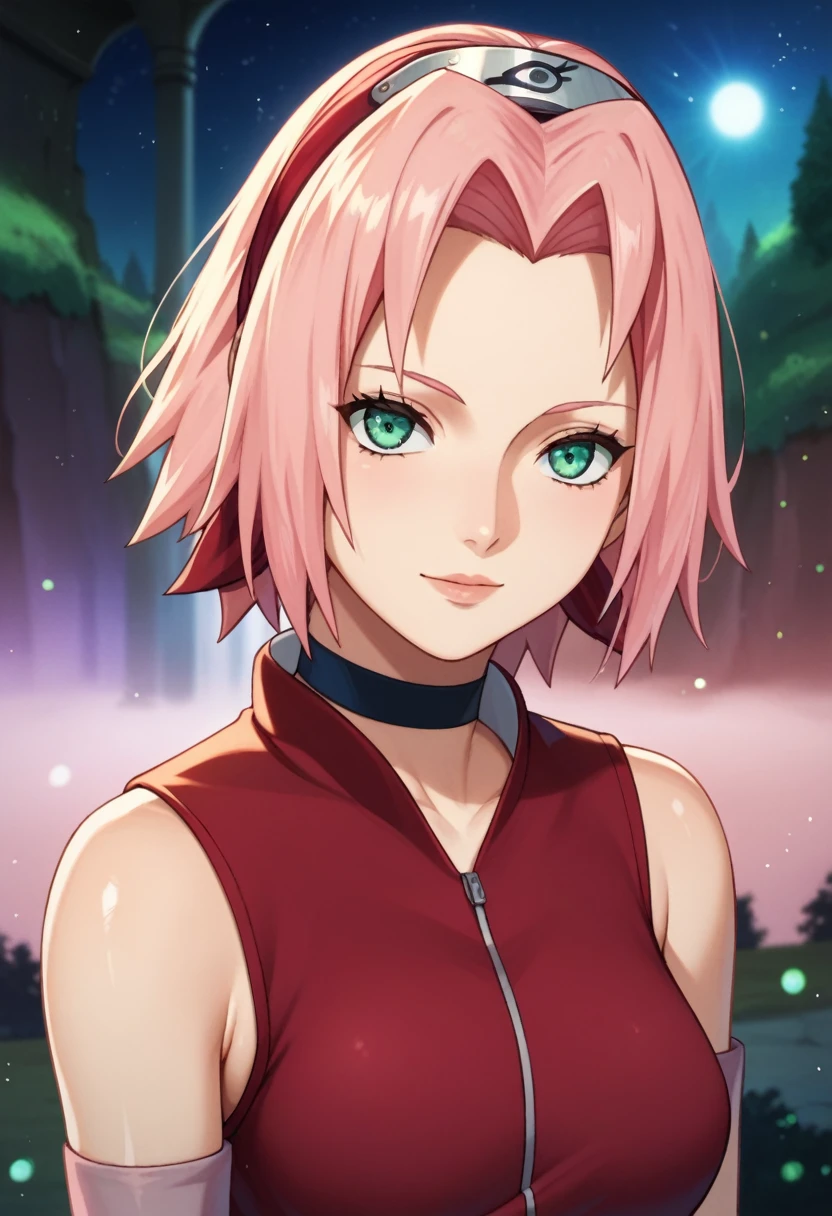 score_9,score_8_up,score_7_up,score_6_up,score_5_up,score_4_up BREAK skinny,choker,medium breasts,detached sleeves,outdoors,forest,shiny skin,bokeh,bloom,indoors,light particles,castle,space,1girl,haruno sakura,pink hair,short,hair,green eyes,forehead protector, seductive pose