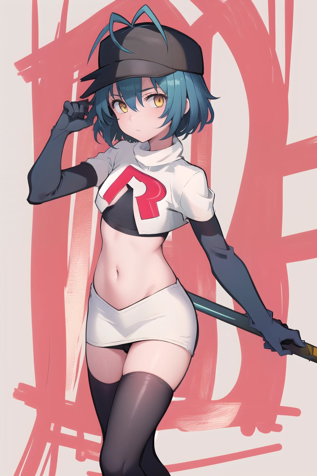 best quality, (masterpiece:1.2), illustration, absurdres, (1girl), (beautiful detailed girl),
Millium Orion, blue hair, short hair, antenna hair, ahoge, yellow eyes, flat chest,
black hat, headwear,
team rocket,team rocket uniform,white skirt,red letter R,crop top,black thigh-highs,black elbow gloves,
looking at viewer,
