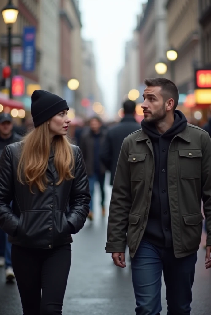 A busy street in the city, full of people walking hurriedly. In the center, two people meet, one with a surprised expression and the other with a cold and distant look.