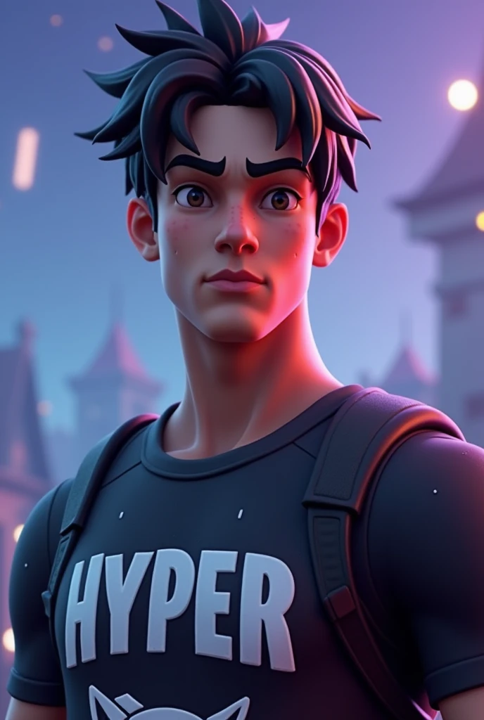 Fortnite Background with Male Fortnite Figure, Bblack hair, masculine face, with Hyper written on the shirt and a symbol of an animal bite on the shirt