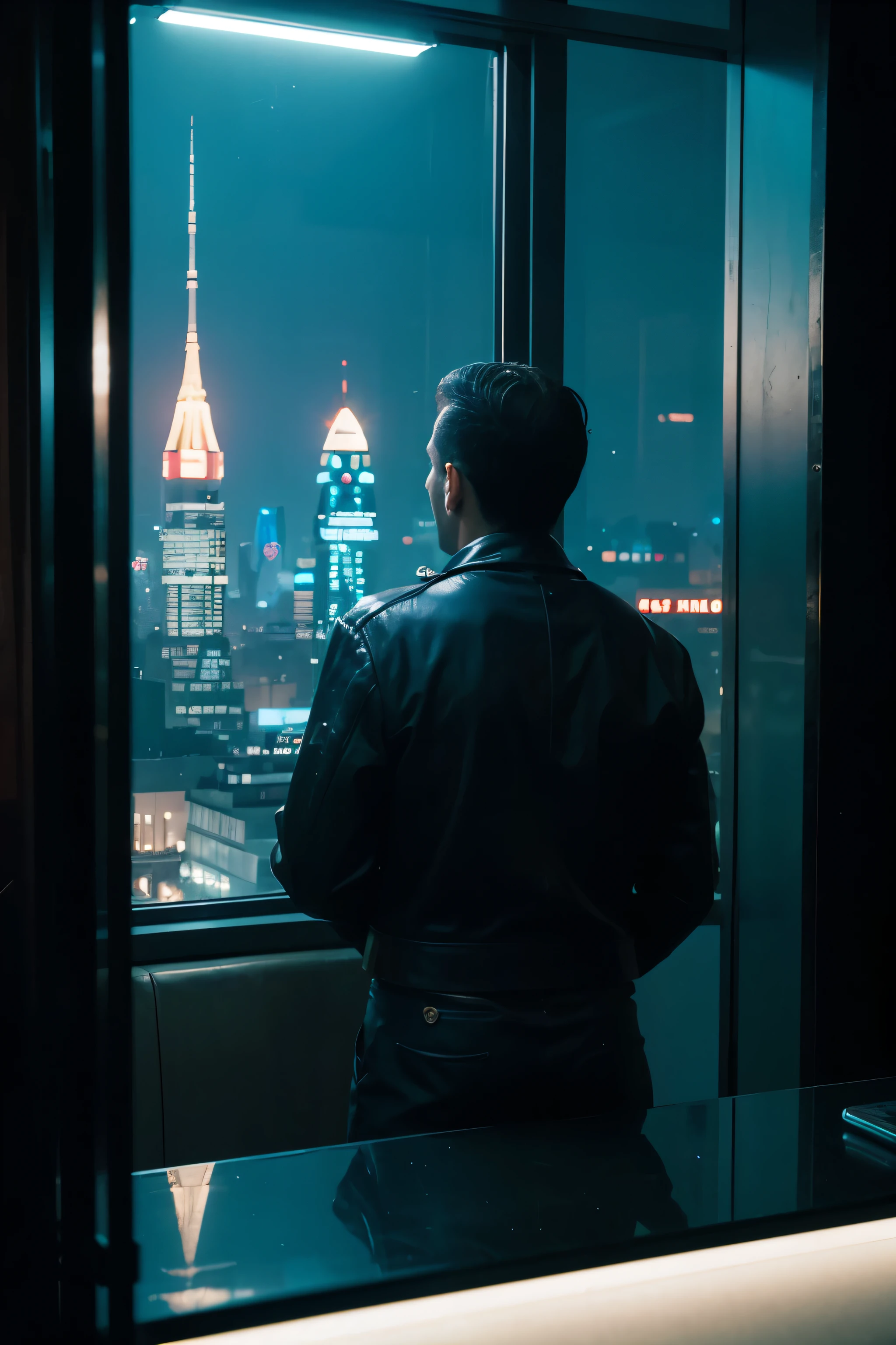 4k image from a 1960s science fiction film by Wes Anderson, Filme O Grande Hotel Budapeste, city with a blue colors vibrant at night through a window, big city retro futuristic neon, blade runner style, Retro-futuristic from the 60s with old robots, Luz Natural, Psicodelia, futurista estranho, retro-futurista, photo-realistic, blurred background, solitude, a misterious man looking in the glass reflection with his back inside an room with a view of a skyscraper, leather armchairs, the protagonist is seen from behind while he watches the story of himself unfold in front of him