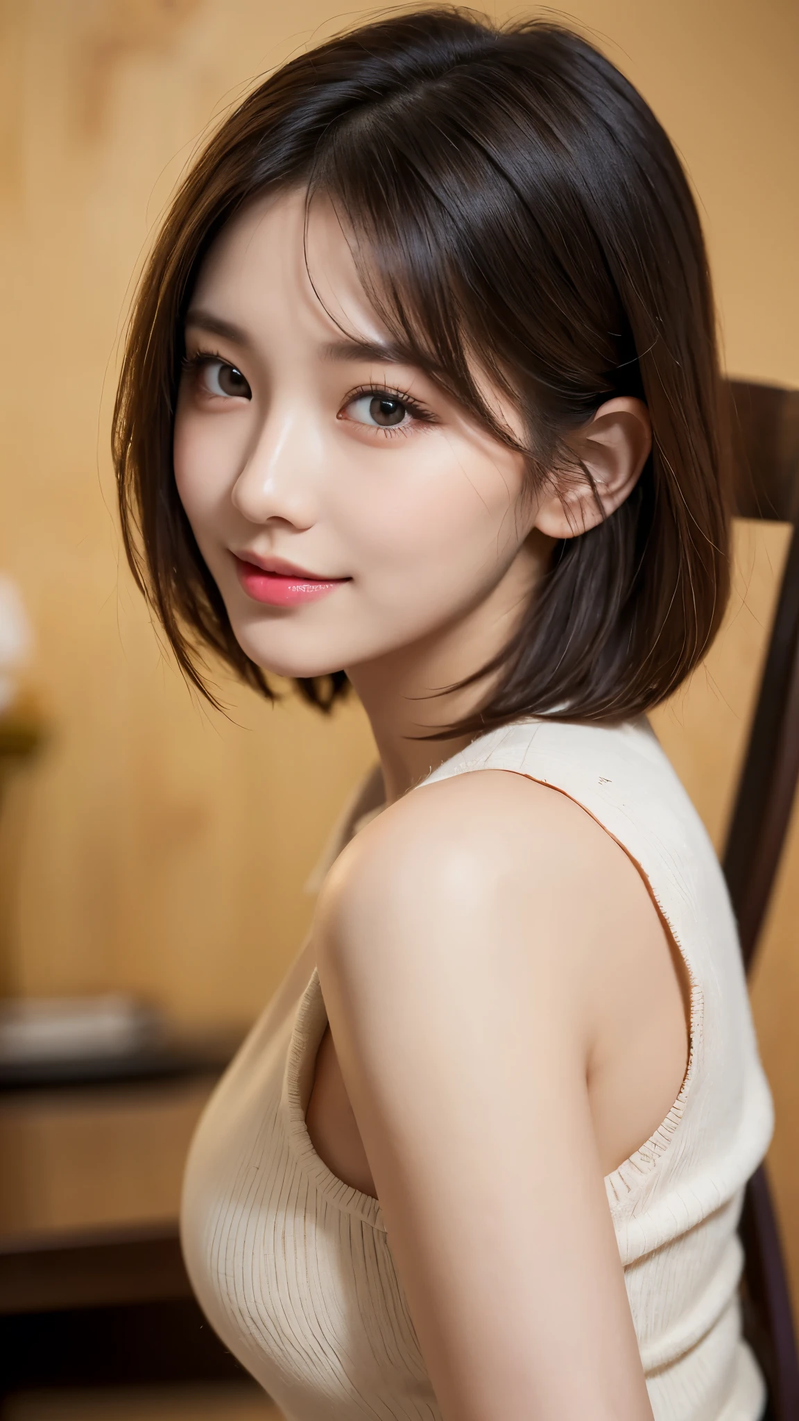 (masterpiece:1.3), (16k, photorealistic, RAW photo, best quality: 1.4),absurdres, attractive, ultra high resolution, ultra realistic, highly detailed, golden ratio, ultra detailed, super fucking beautiful detailed face, natural makeup, detailed cloth texture, detailed hair texture, beautiful detailed fullbody, Perfect female body, accurate, Anatomically correct, Highly detailed face and skin texture, (beautiful hands), (realistic skin), (beautiful pale skin:1.1), (Perfect dynamic composition, looking at viewer, full body shot),(Straddling a chair:1.3),
BREAK,
realistic eyes, beautiful detailed eyes, symmetric eyes, Light Brown eyes, Double eyelids, Thin eyebrows, (Glossy lips:1.4), (Seductive expression:1.3), (beautiful smile:1.1), (blush:1.2),
BREAK,
((short hair, bob, Dark blonde hair, bangs:1.2)), (High school, high school girl, school uniform:1.3)