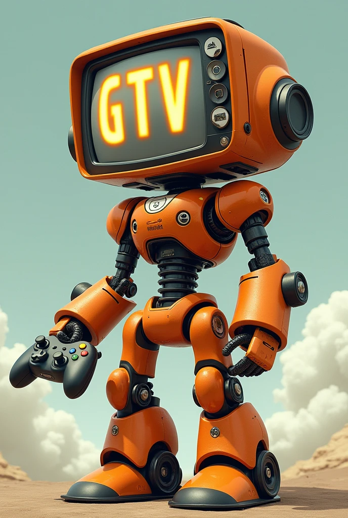 Orange robot with TV head with GTV written on it holding a video game controller