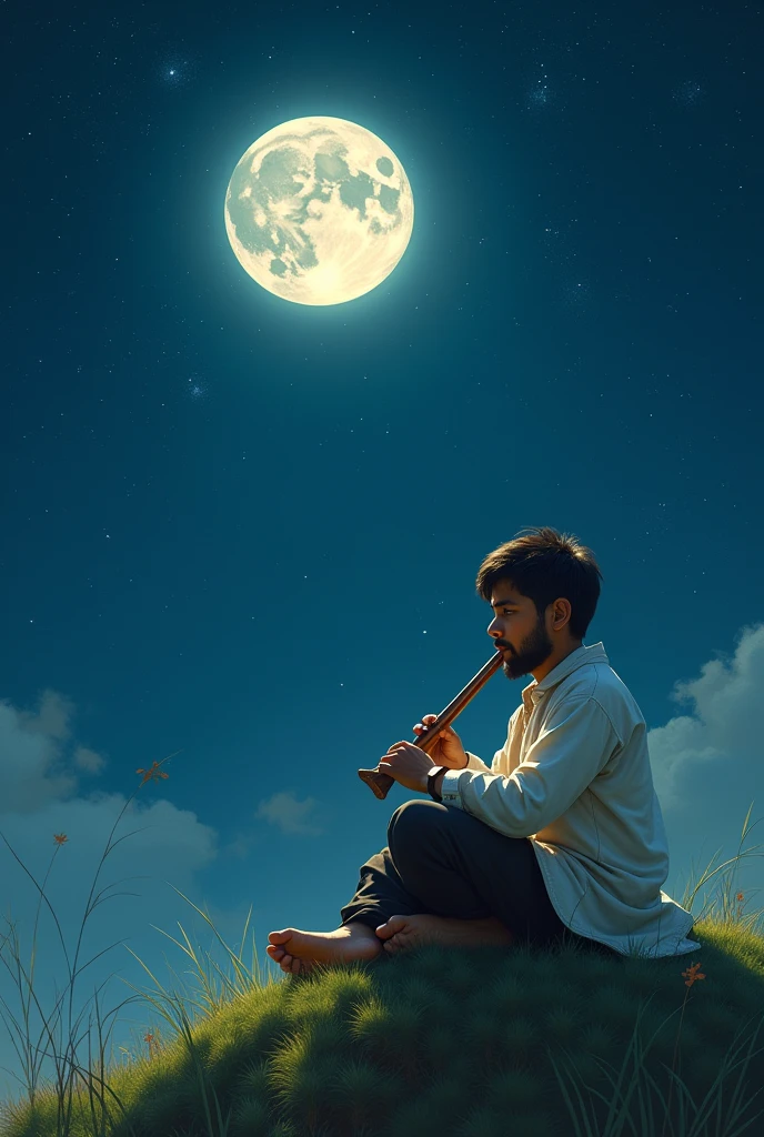 Young boy with beard playing basuri sitting at top of hill on a full moon stary sky asthetic painting wearing white coat and black pant