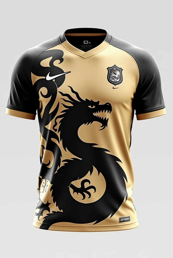 A shirt for an Interclass team uniform in beige and black and with a dragon on the beige clothing as the main color and with a shield and the Nike symbol with a smaller dragon swirling on the clothing and with the shield on the other side of Nike and with the color predominantly black.