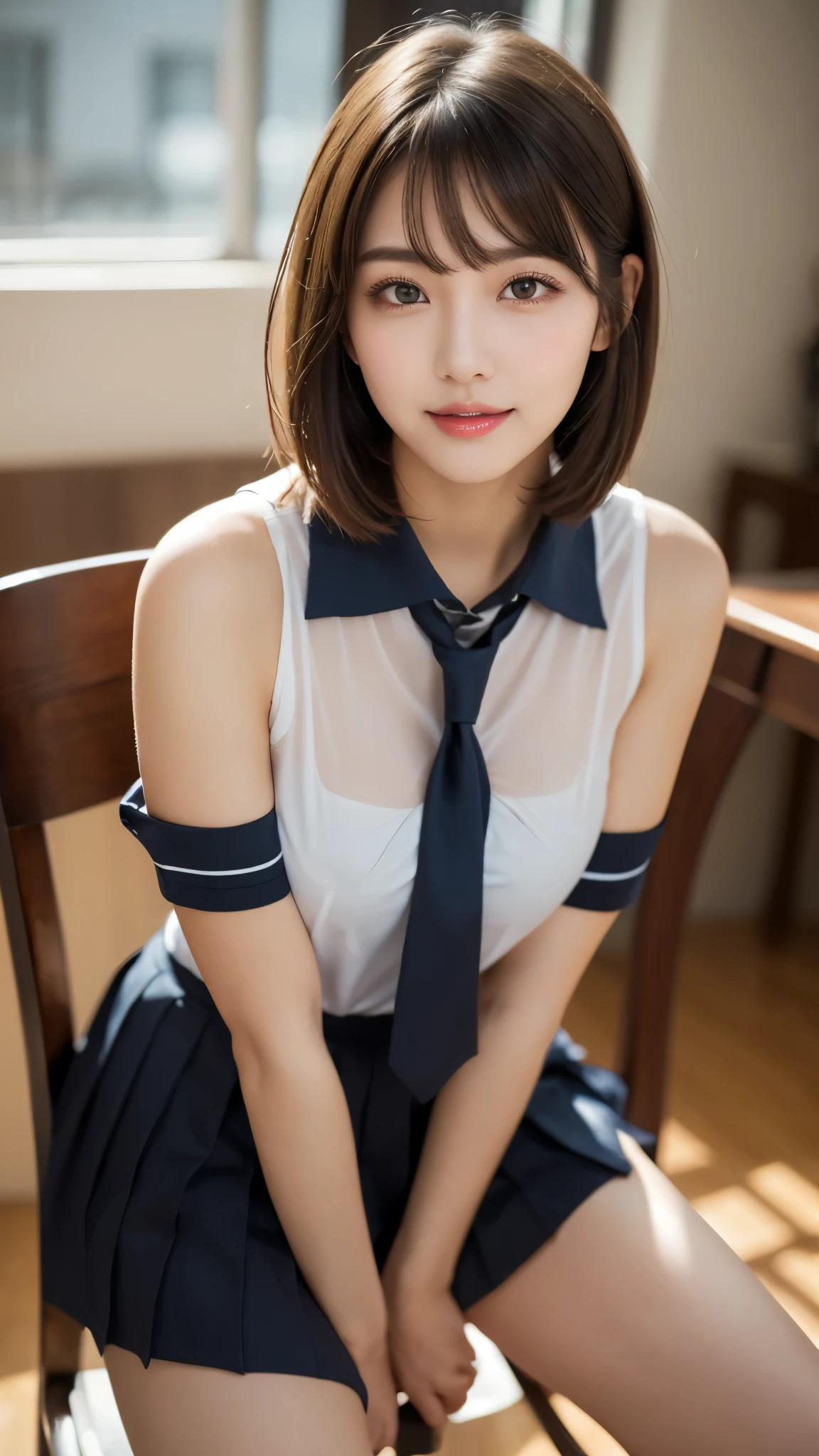 (masterpiece:1.3), (16k, photorealistic, RAW photo, best quality: 1.4),absurdres, attractive, ultra high resolution, ultra realistic, highly detailed, golden ratio, ultra detailed, super fucking beautiful detailed face, natural makeup, detailed cloth texture, detailed hair texture, beautiful detailed fullbody, Perfect female body, accurate, Anatomically correct, Highly detailed face and skin texture, (beautiful hands), (realistic skin), (beautiful pale skin:1.1), (Perfect dynamic composition, looking at viewer, full body shot),(Straddling a chair:1.3),
BREAK,
realistic eyes, beautiful detailed eyes, symmetric eyes, Light Brown eyes, Double eyelids, Thin eyebrows, (Glossy lips:1.4), (Seductive expression:1.3), (beautiful smile:1.1), (blush:1.2),
BREAK,
((short hair, bob, Dark blonde hair, bangs:1.2)), (High school, high school girl, school uniform:1.3)