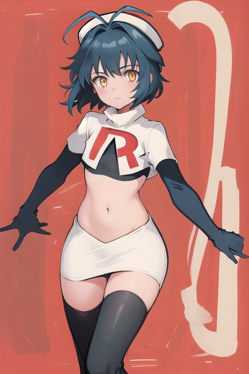best quality, (masterpiece:1.2), illustration, absurdres, (1girl), (beautiful detailed girl),
Millium Orion, blue hair, short hair, antenna hair, ahoge, yellow eyes,  flat chest,
black hat, headwear,
team rocket,team rocket uniform,white skirt,red letter R,crop top,black thigh-highs,black elbow gloves, 
looking at viewer,