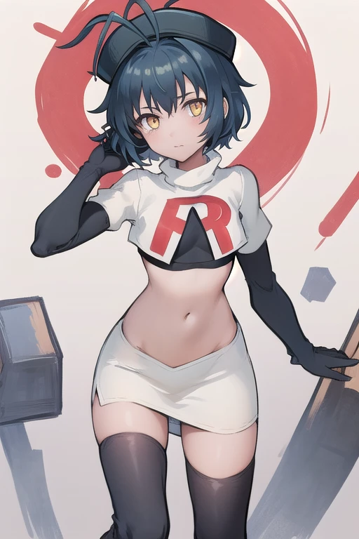 best quality, (masterpiece:1.2), illustration, absurdres, (1girl), (beautiful detailed girl),
Millium Orion, blue hair, short hair, antenna hair, ahoge, yellow eyes, flat chest,
black hat, headwear,
team rocket,team rocket uniform,white skirt,red letter R,crop top,black thigh-highs,black elbow gloves,
looking at viewer,