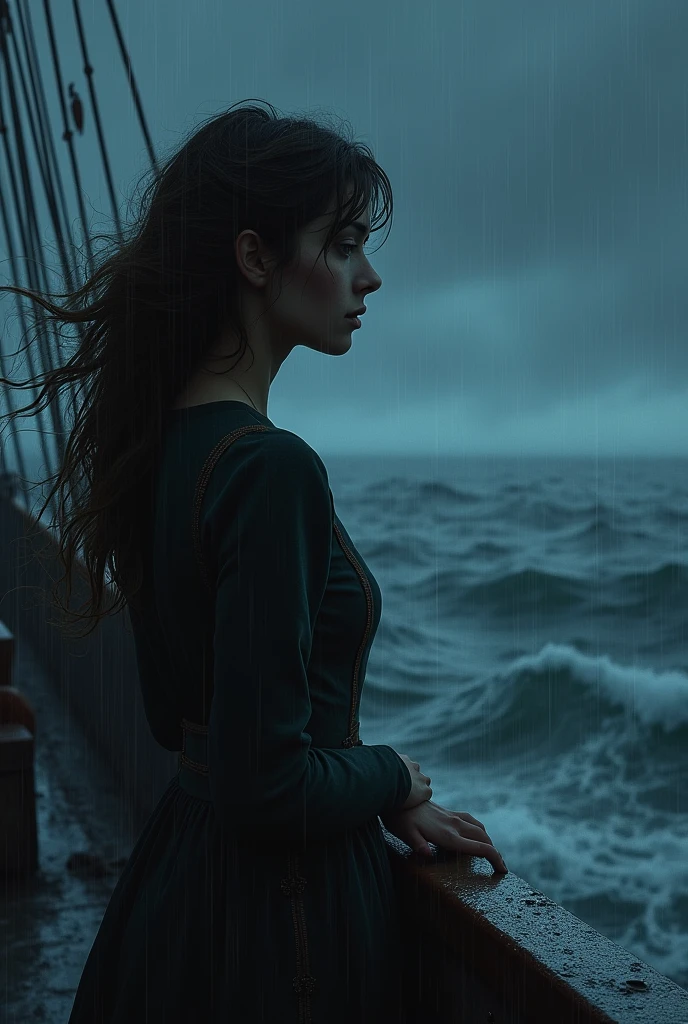 A sad woman watches the sea from a ship on a dark night while it rains, her hair wavy 