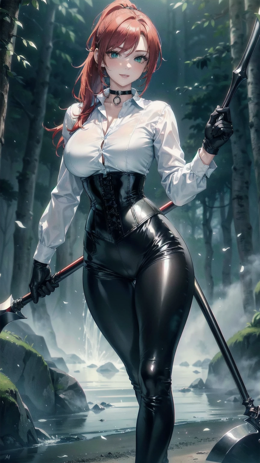 masterpiece, Superior image quality, High resolution, 4k image,Photo and gross, photorealistic, 1 young redhead girl of 20 years old, standing, {Alone},{{{vagina}}}, big breasts, beautiful face, crimson red hair short ponytail, green eyes, very detailed eyes, expression of pride, draw smile showing superiority, choker:1.6, (white collar button down shirt white long sleeve), black gloves, gloves covering the hands, (wielding a halberd in his right hand), (black leather corset), (shiny black leggings), (black leather boots), sensual lips , show details in the eyes, view from front, Dark forest, at night, atmosphere, fog